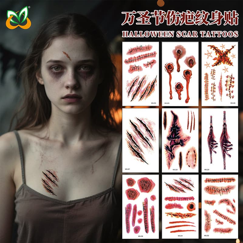 Halloween Horror Scar Tattoo Sticker Waterproof Sweat Bloody Wound Knife Scar Halloween Party Makeup Face Sticker