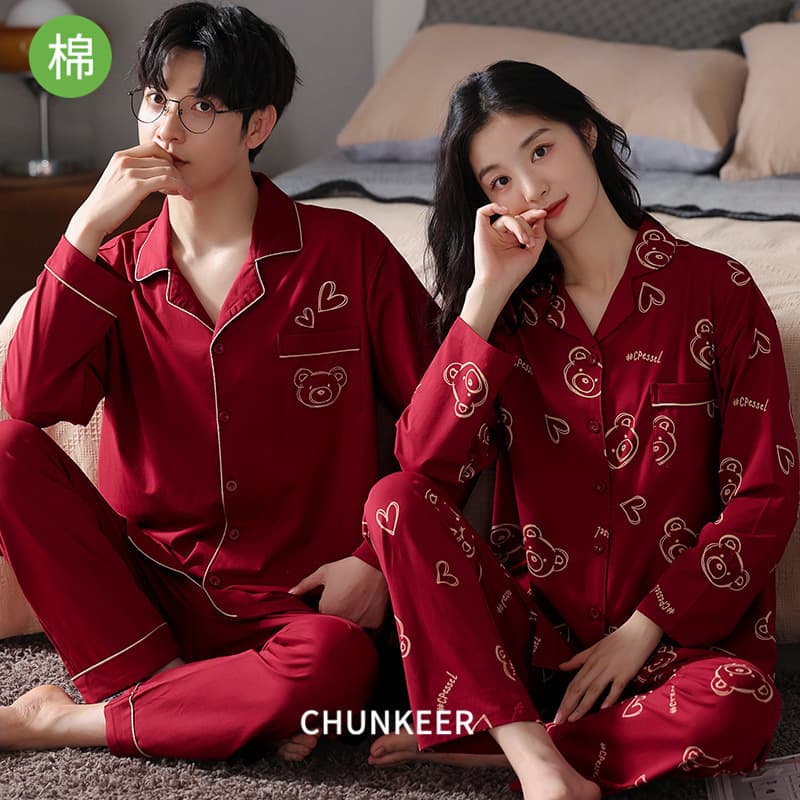 Couples Pajamas for Women Autumn Pure Cotton Long Sleeve Red Festive Men's Wedding Newlywed Homewear Zodiac Year Full Cotton Set