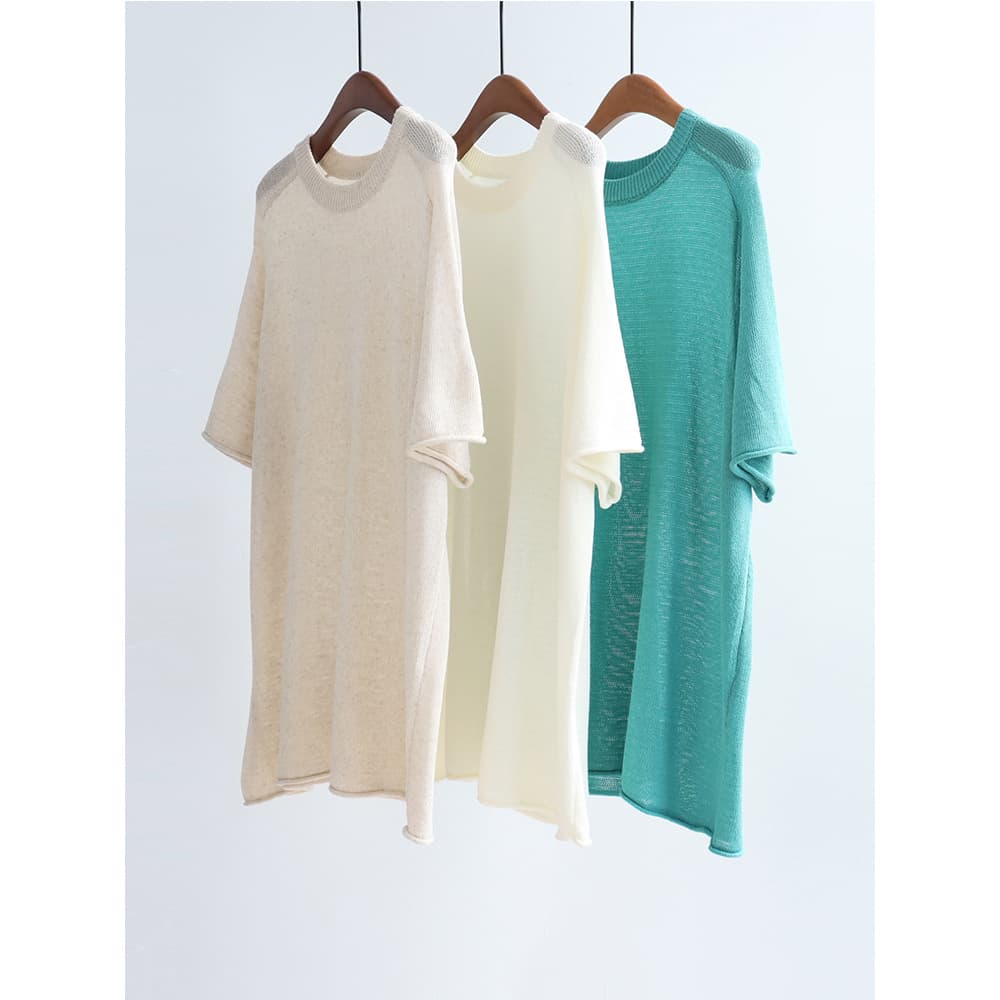 Spring-Summer New Tencel Linen Mid-Length Knit Top Short Sleeve Loose Round Neck Casual Relaxed Pullover Blouse for Women
