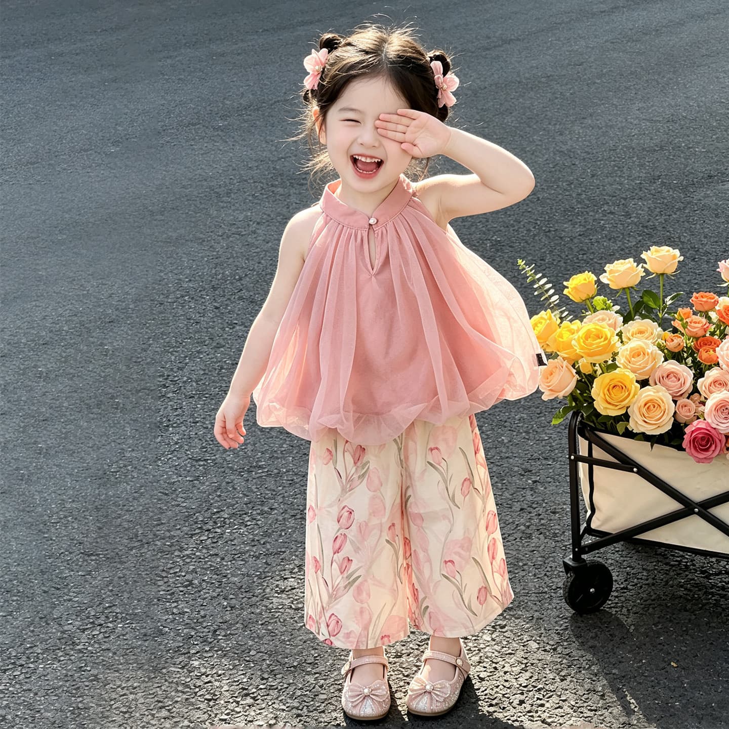 Girls' national style suit summer baby girl's mesh vest clothes 2026 new style children's thin wide-leg pants