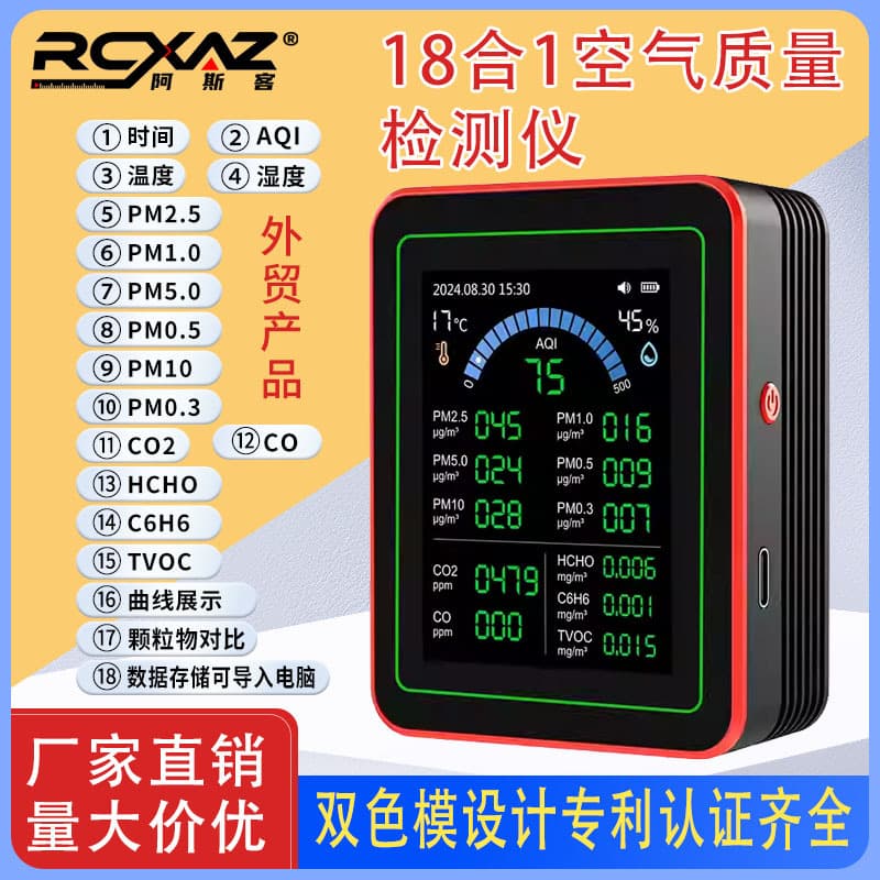 Stock 18-in-1 Formaldehyde Detector Air Quality Carbon Dioxide PM2.5 Data Storage Download