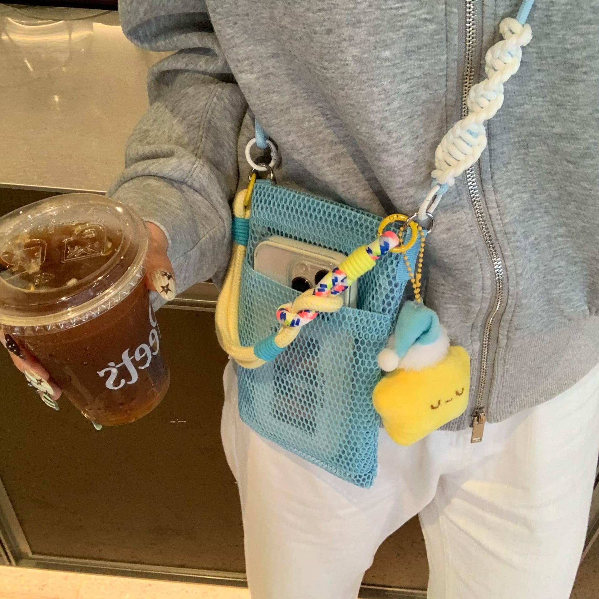 Fresh and Sweet Phone Bag for Women, Summer Outdoor Casual Crossbody Shoulder Bag with Mesh Netting, Portable Storage Bag