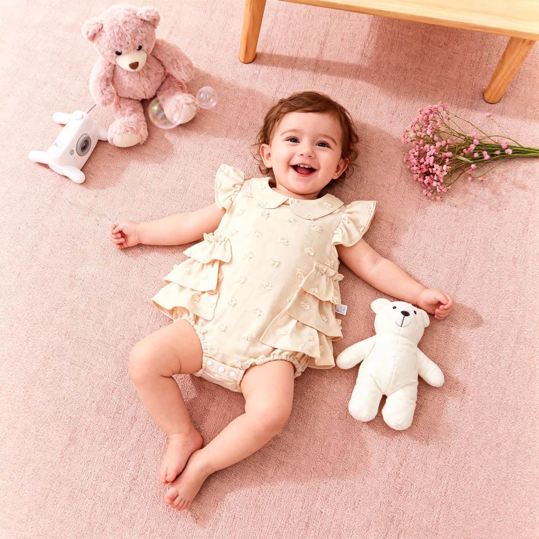 Baby cute doll collar lace polka dots khaki