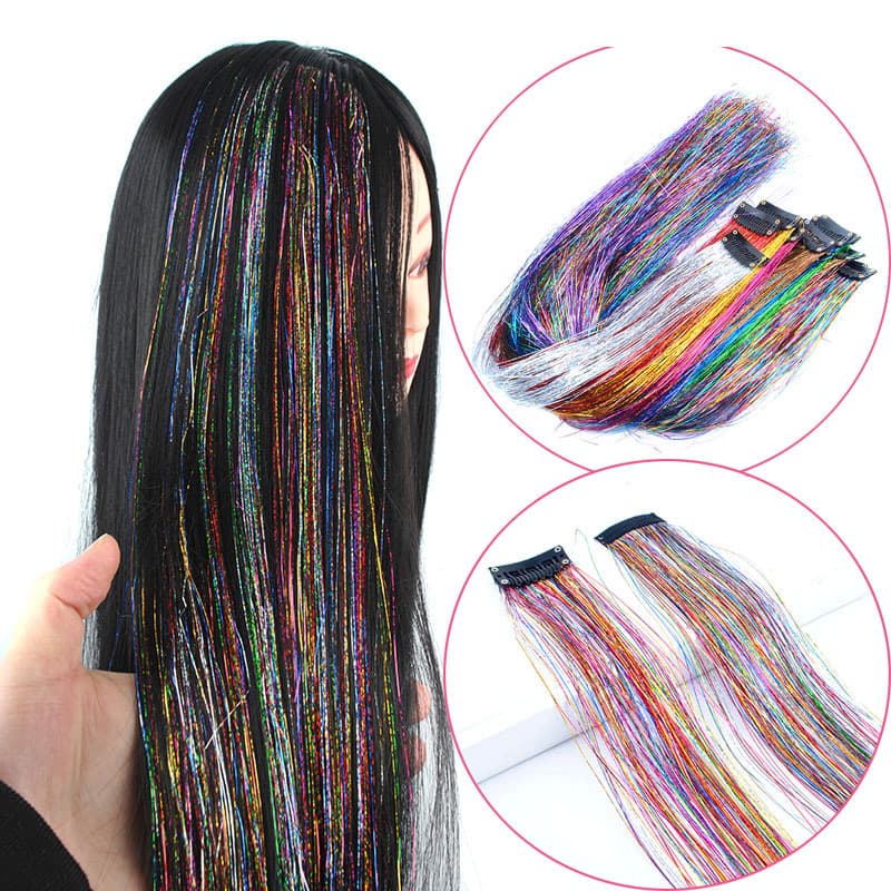Colorful Strip Hair Extensions, Rainbow Hair Strands, Seamless Clip-in Hair Extensions for Women, Dyed Laser Hair Extensions, Gold Thread Hair Extensions