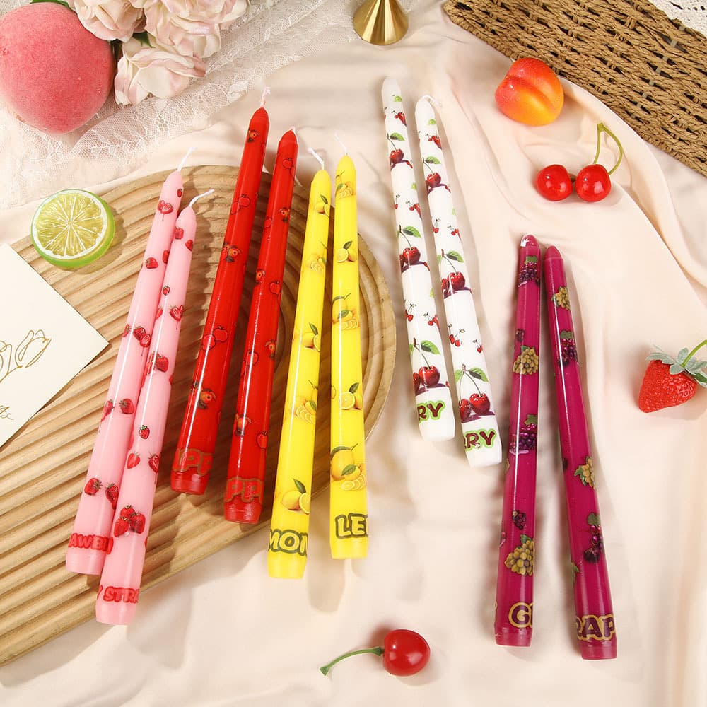 Colorful Fruit Print Long Taper Candles Wholesale Custom Home Smokeless Holiday Party Decoration Cone Candles Cross-Border