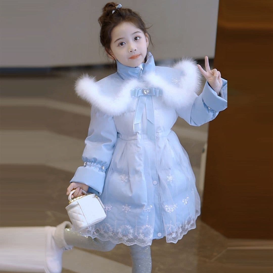 Girls' Winter Ice Princess Light Blue Faux Fur Collar Bowknot Waist Snowflake Mesh Thickened Mid-Length Princess Coat