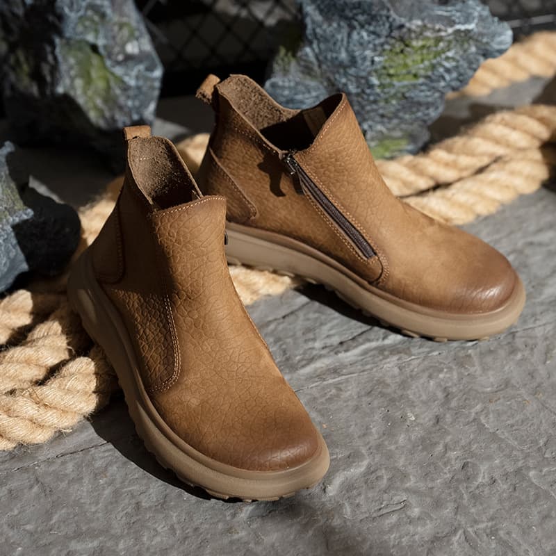 Thick Sole Genuine Leather Casual Leather Boots Men Autumn/Winter New Retro Fashion Versatile Martin Boots, Fleece Lined Warm Chelsea Boots