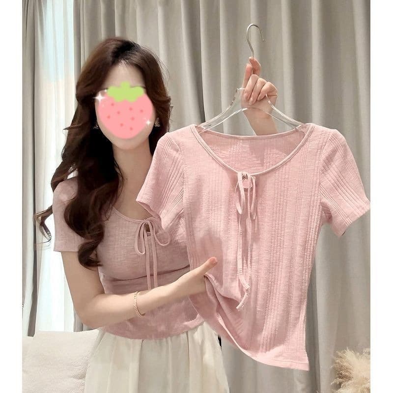Cross-border Taiwan In Stock Korean Style Pink Design Sense Small Tie-Neck Round Neck Regular Shoulder Short-Sleeve T-Shirt for Women Summer Slim Fit