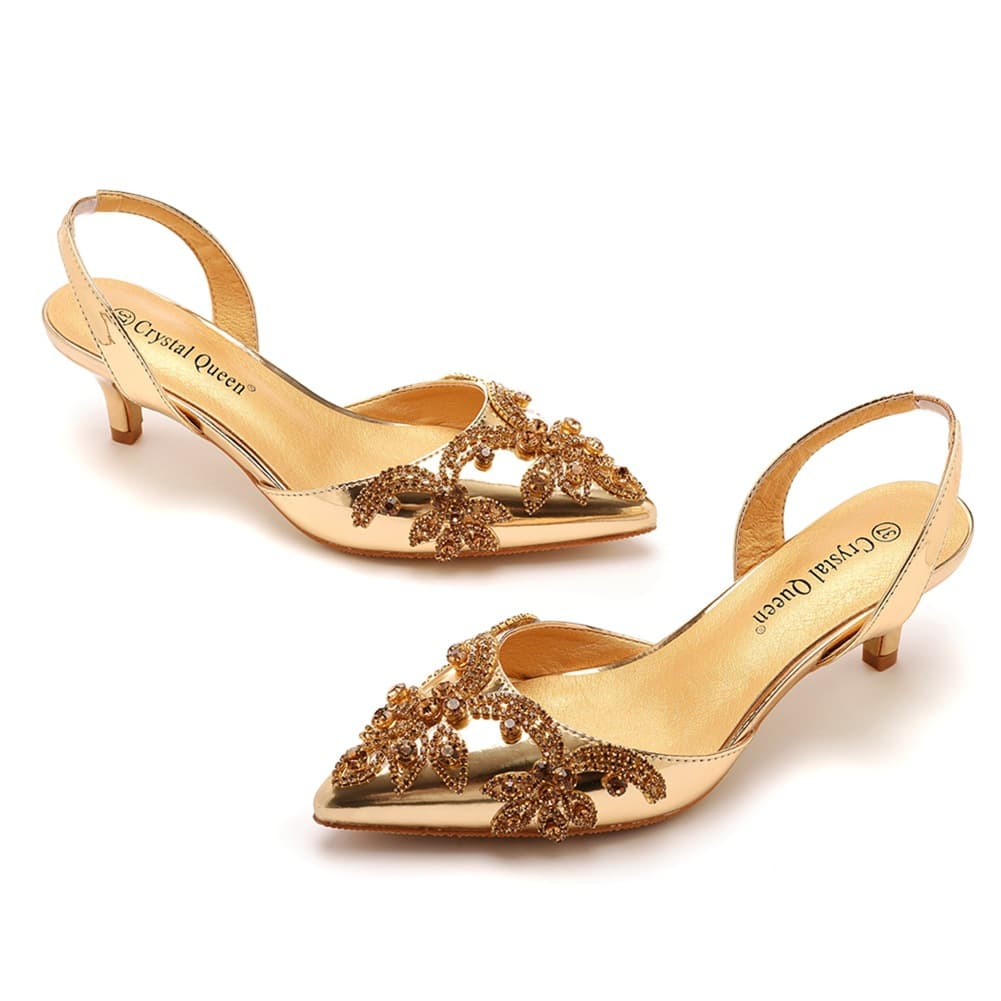 5cm Export Large Size Thin Heel Pointed Toe Sandals, Back Strap High Heels, Rhinestone High Heel Sandals, Women's Gold Wedding Shoes