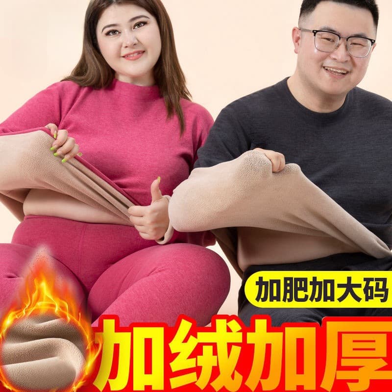 New Style Men's Thermal Underwear Women's Plus Size, Fleece-Lined, Thickened Lamb Fleece Round Neck Set, Autumn Clothes and Pants Winter