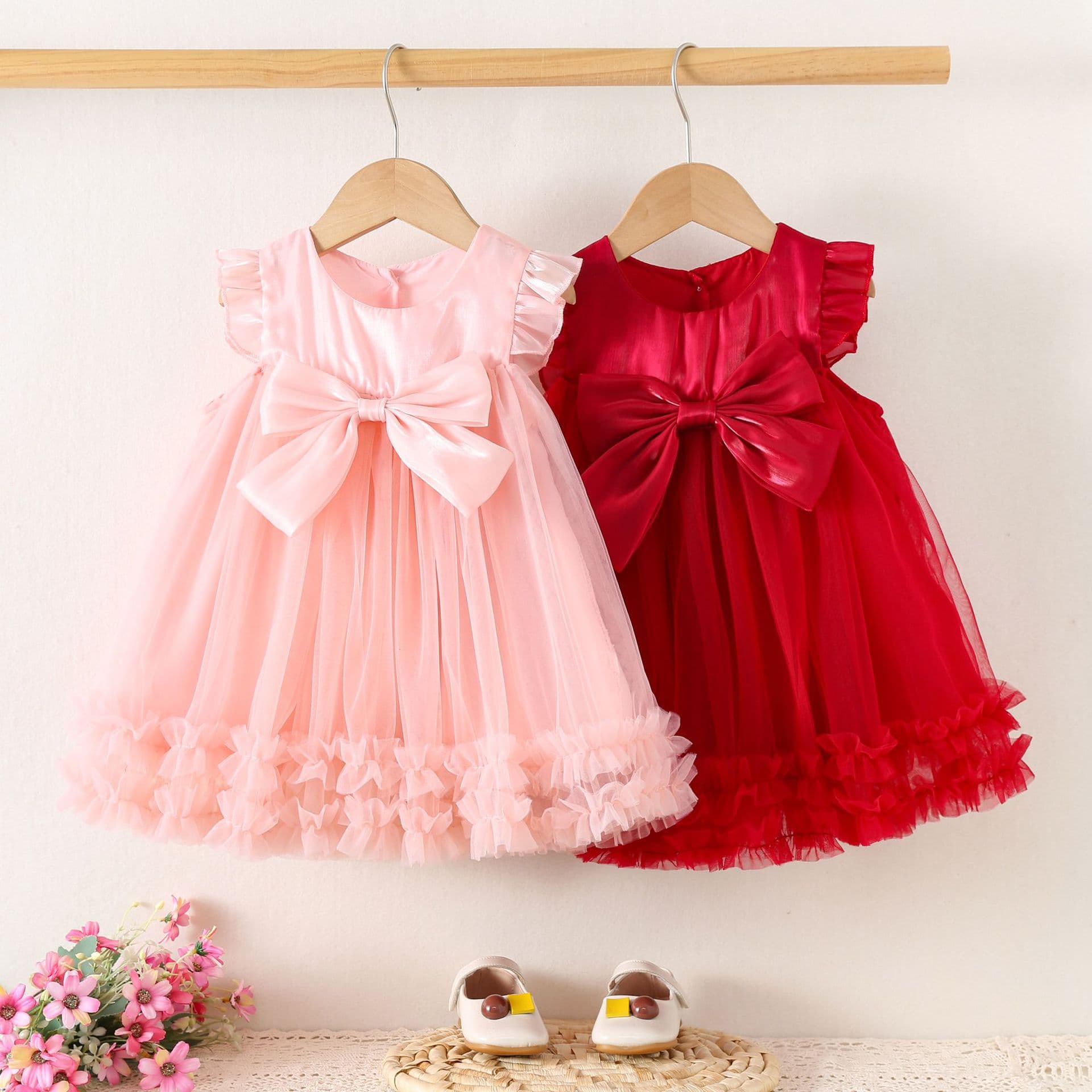 1834 Children's Wholesale New Cross-border Kids Little Flying Sleeve Sequin Princess Dress Birthday Party Dress Tulle Skirt