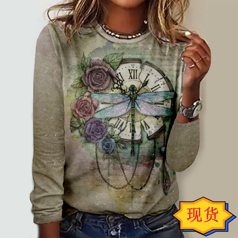 In stock Amazon cross-border European and American popular digital printing women's casual round neck long-sleeved T-shirt loose top