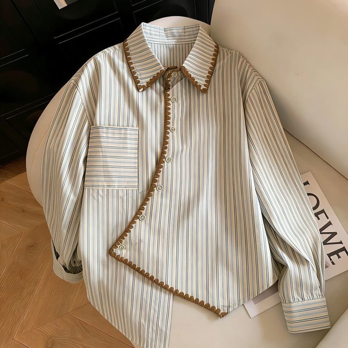 Retro striped long-sleeved bottoming shirt for women 2026 early spring large size fat mm slimming irregular unique top