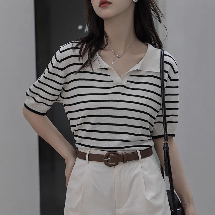 Striped Polo Shirt with Turn-Down Collar Short-Sleeve T-Shirt for Women Summer Thin Loose V-Neck Design Sense Niche Ice Silk Knit Top