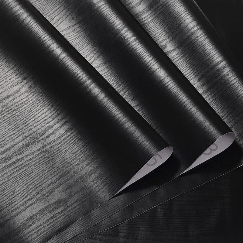 Black furniture renewal film, wood grain or solid color PVC self-adhesive wallpaper for modern waterproof wardrobes and wooden doors.