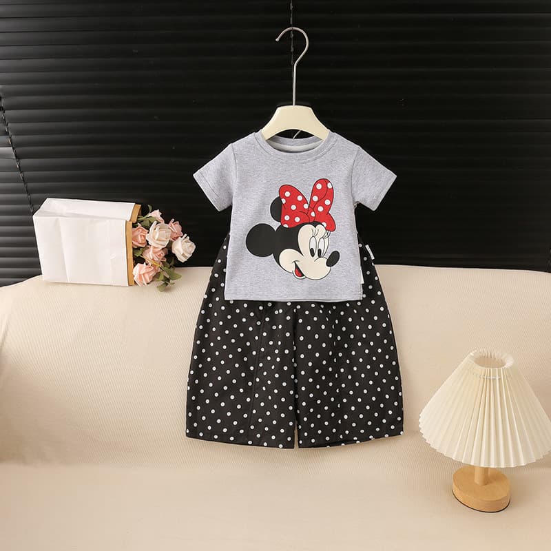 Summer new style girls gray tone cartoon polka dot suit cartoon print baby short sleeve gray
