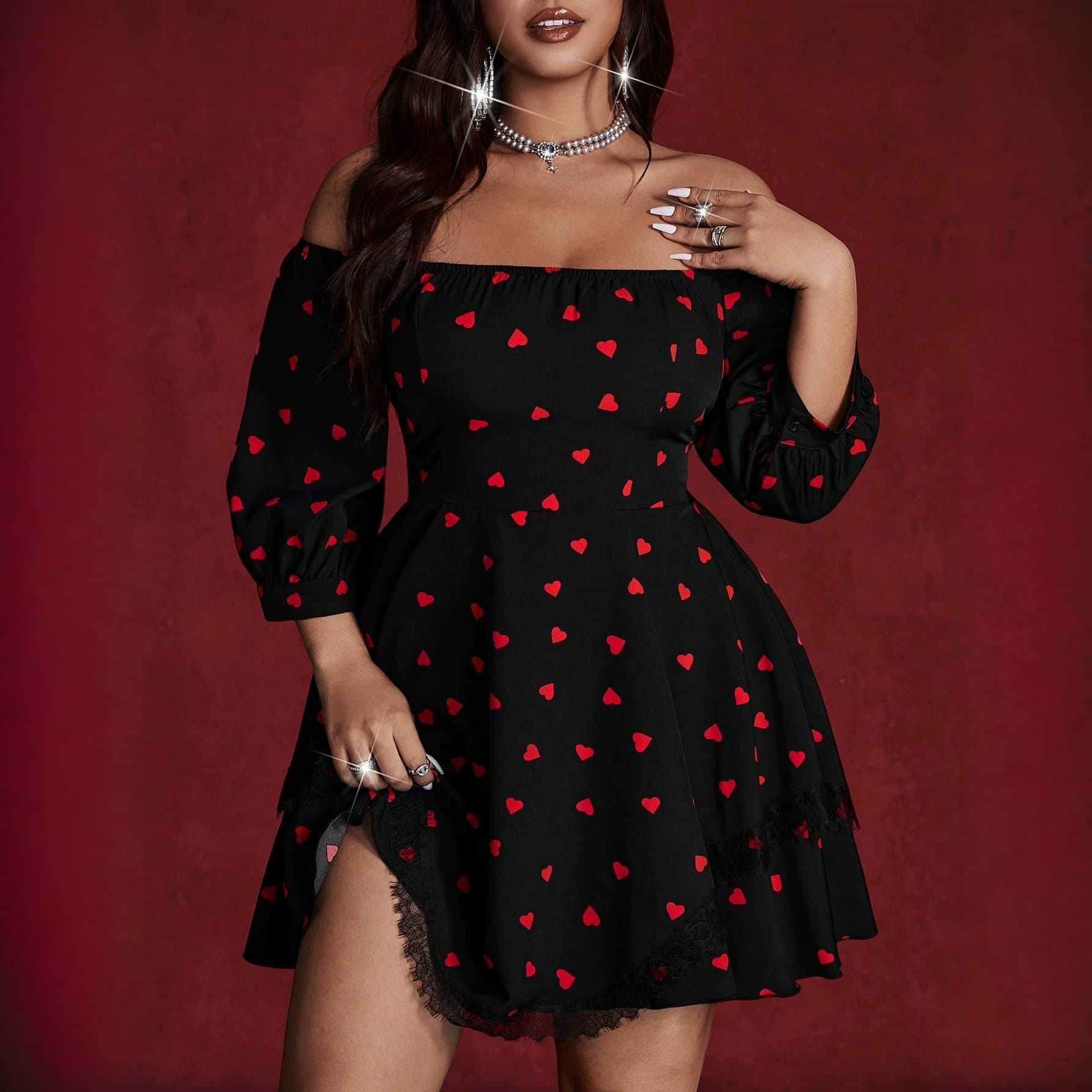Elegant Off-Shoulder Heart Print Dress for Women, Plus Size, Valentine's Day, Party, One-Shoulder