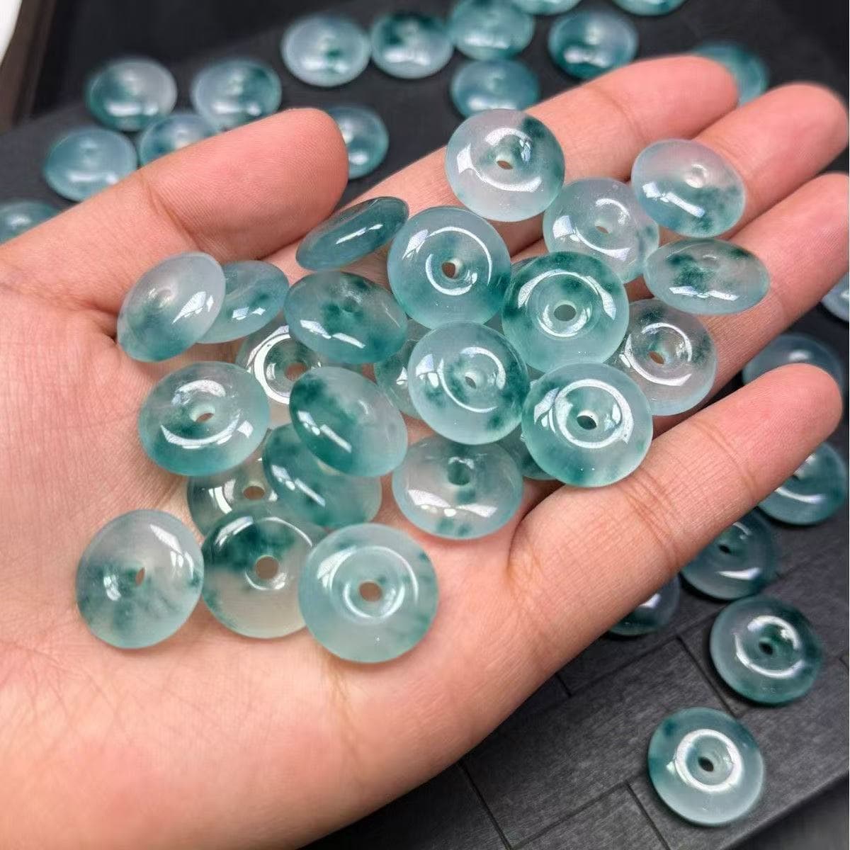 Jadeite Blue Floating Flower Peace Buckle Jade Pendant, Ice Type Bashan Jade Buckle Bracelet DIY Accessories Earring Parts