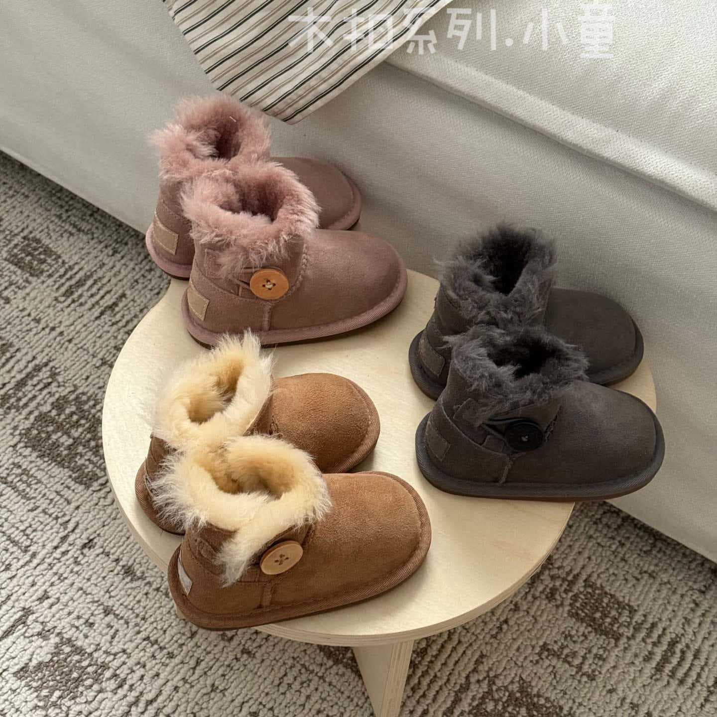 Sangpo's new baby walking shoes, wool-lined winter shoes for boys and girls, thickened snow boots with wooden buckles.