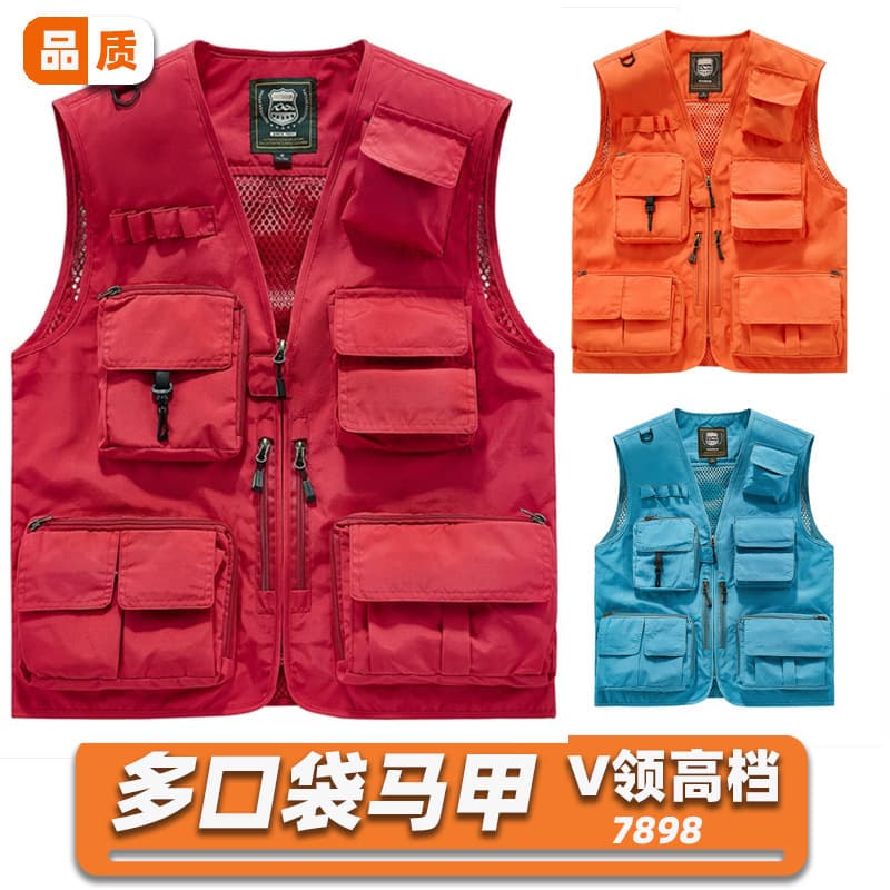 Restaurant Workwear Multi-Pocket Waiter/Waitress Uniform, Advertising Multi-Pocket Photography Fishing Vest with Printing