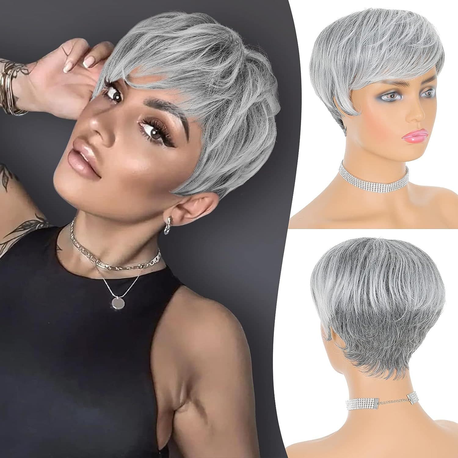 European and American human hair wig full head mechanism short lace-free light gray dark gray gray granny gray silver gray real hair
