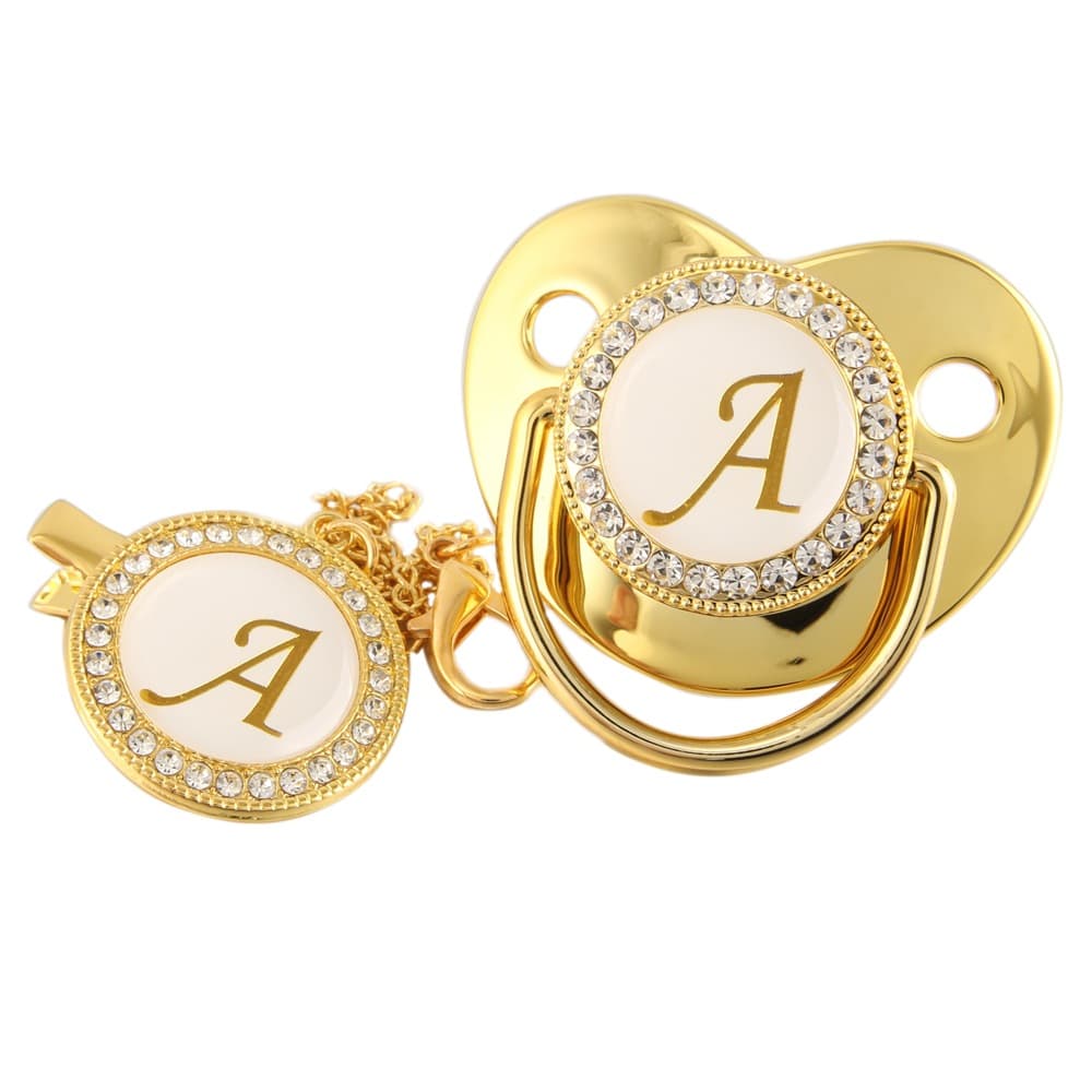 Cross-border Hot Selling High-end Gold Diamond Pacifier 26 Letters Baby Pacifier with Chain Clip