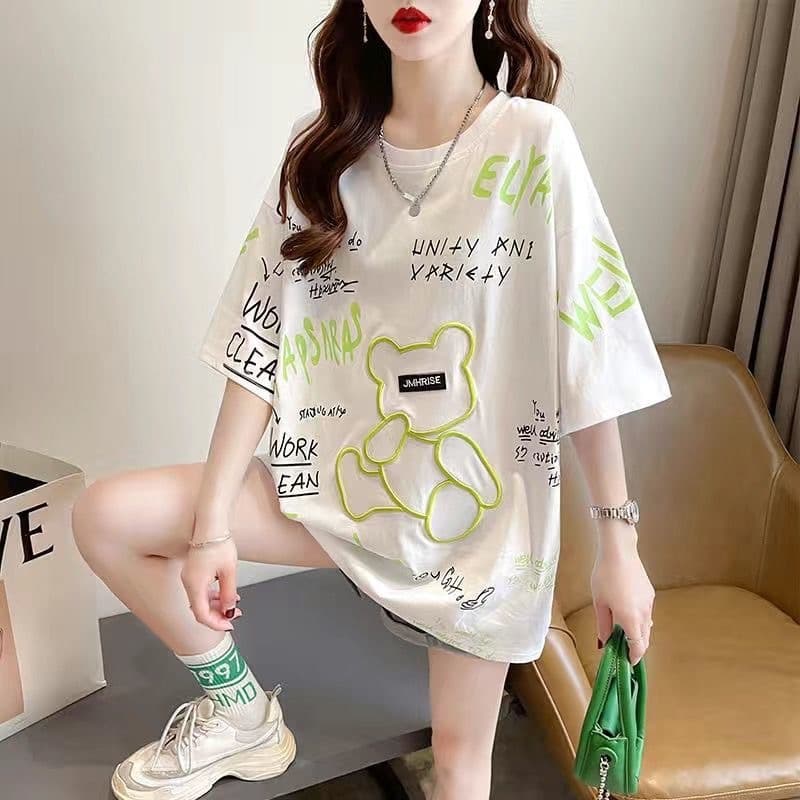 Designer Casual Short Sleeve T-Shirt for Women 2026 Summer Loose Fit Plus Size Midi Length Half Sleeve Top