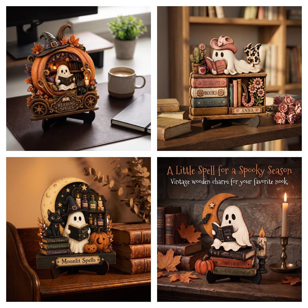 Vintage Wooden Ghost Reading Book Tabletop Ornament Cute Black Cat Pumpkin Moon Magic Stand Autumn Festive Decoration