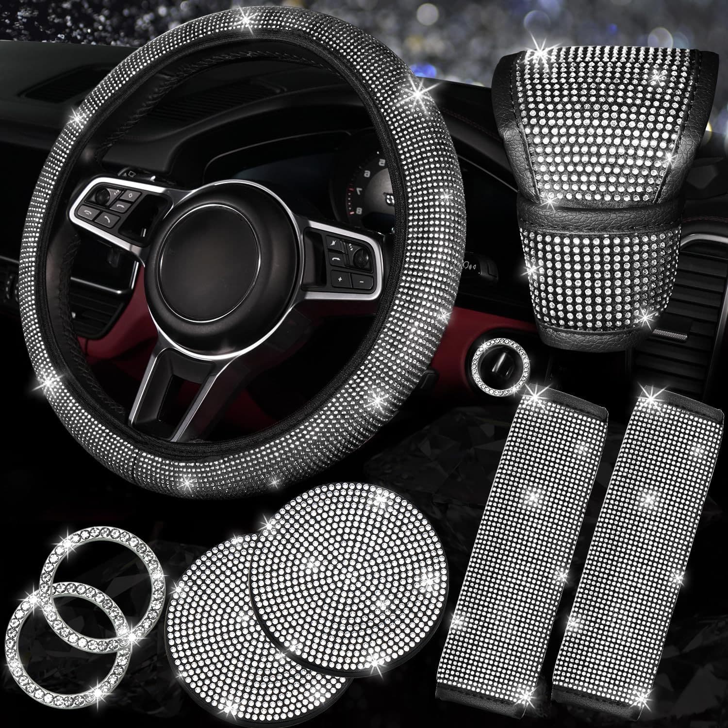 8-Piece Car Rhinestone Decoration Set Steering Wheel Cover Start Ring Seat Belt Shoulder Pad Cup Mat Gear Shift Cover