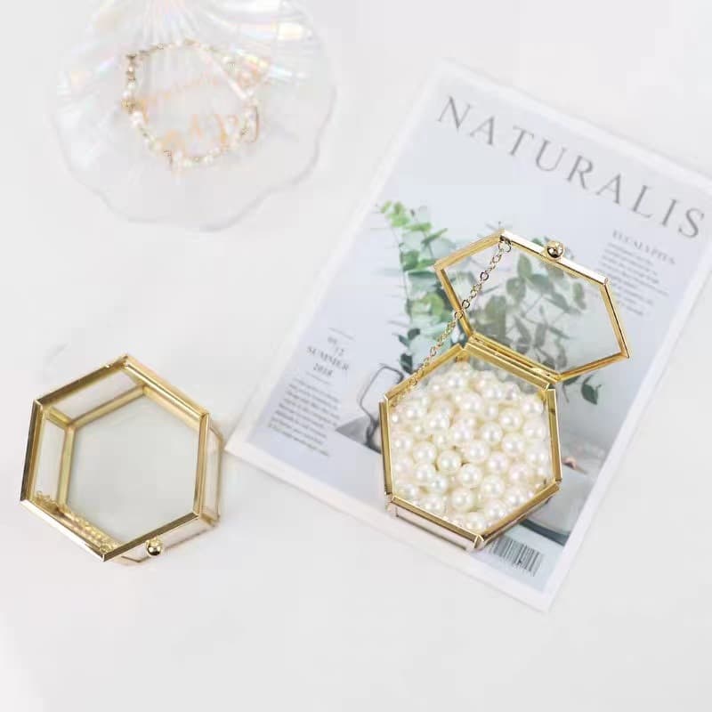 High-end hexagonal ring box, gold jewelry box, gold glass jewelry storage box