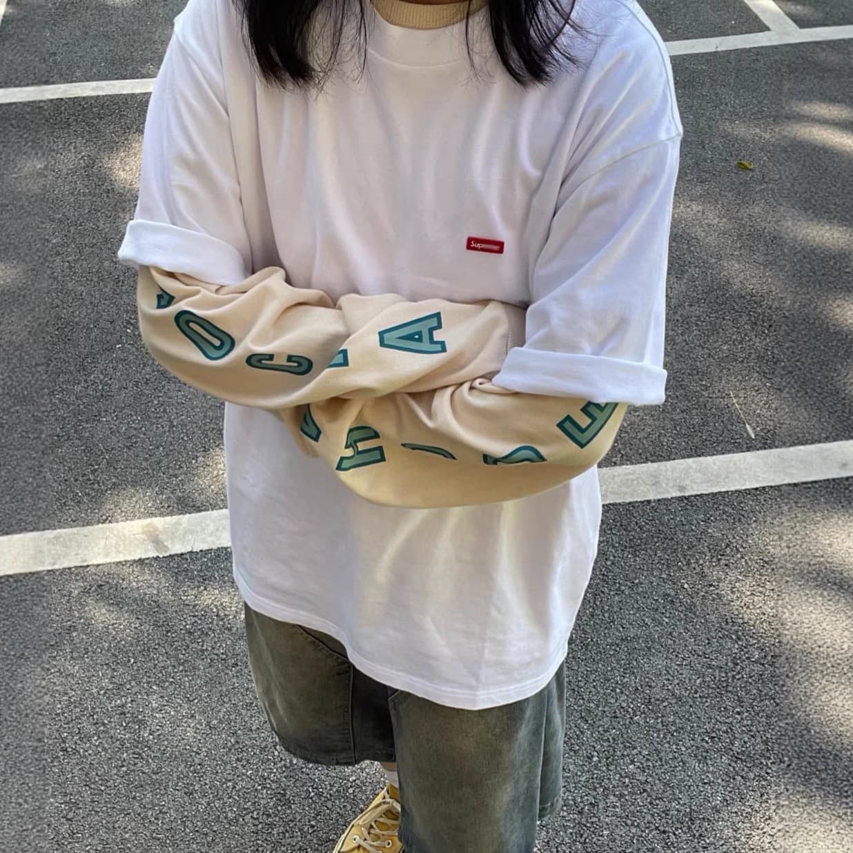 Cross-border Trade American Street Style Sup Basic Embroidery Box Logo Crew Neck Short Sleeve T-Shirt Undershirt for Men and Women