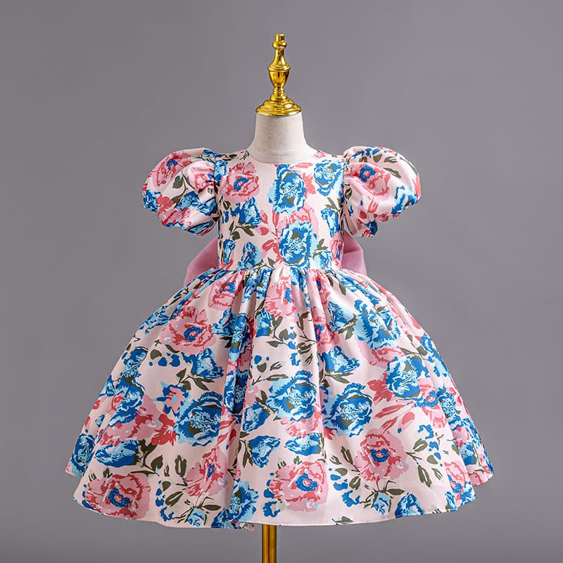 Girl's Floral Bow Princess Dress Backless One-Year-Old Birthday Dress Children's Flower Girl June 1st Stage Performance Dress