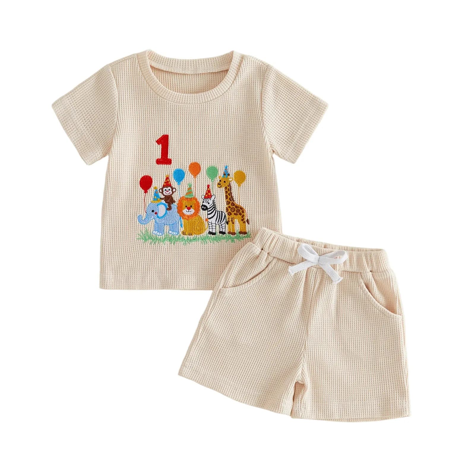 Boys and Girls Birthday Short-sleeve Set Waffle Fabric Cartoon Patch Embroidery Summer Casual Kids Wear