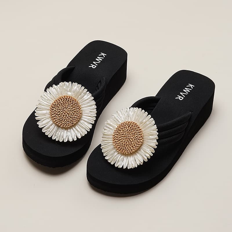 Beach heightening outer wear seaside daisy summer thick-soled sandals flower slippers 2026 new women's beach herringbone