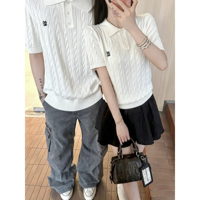 2026 Summer Couple Outfit Old Money Preppy Style Polo Shirt Niche Design Cable Knit Short Sleeve Knit Top