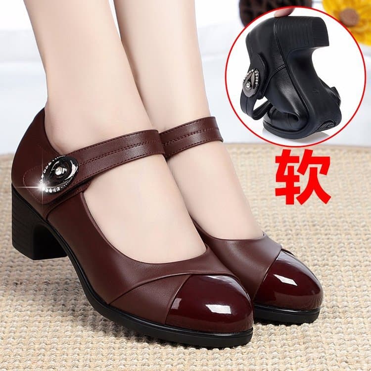 2021 Spring/Autumn New Round-Toe Soft-Sole Shallow-Mouth Middle-Aged Mother Shoes with One-Strap Buckle Chunky Heel Women's Bulk