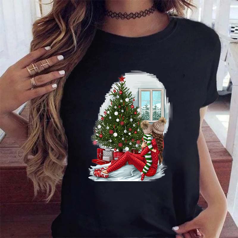Christmas Happy Christmas Tree Santa Claus Round Neck Fashionable Short Sleeve Base Layer Simple Women's T-Shirt