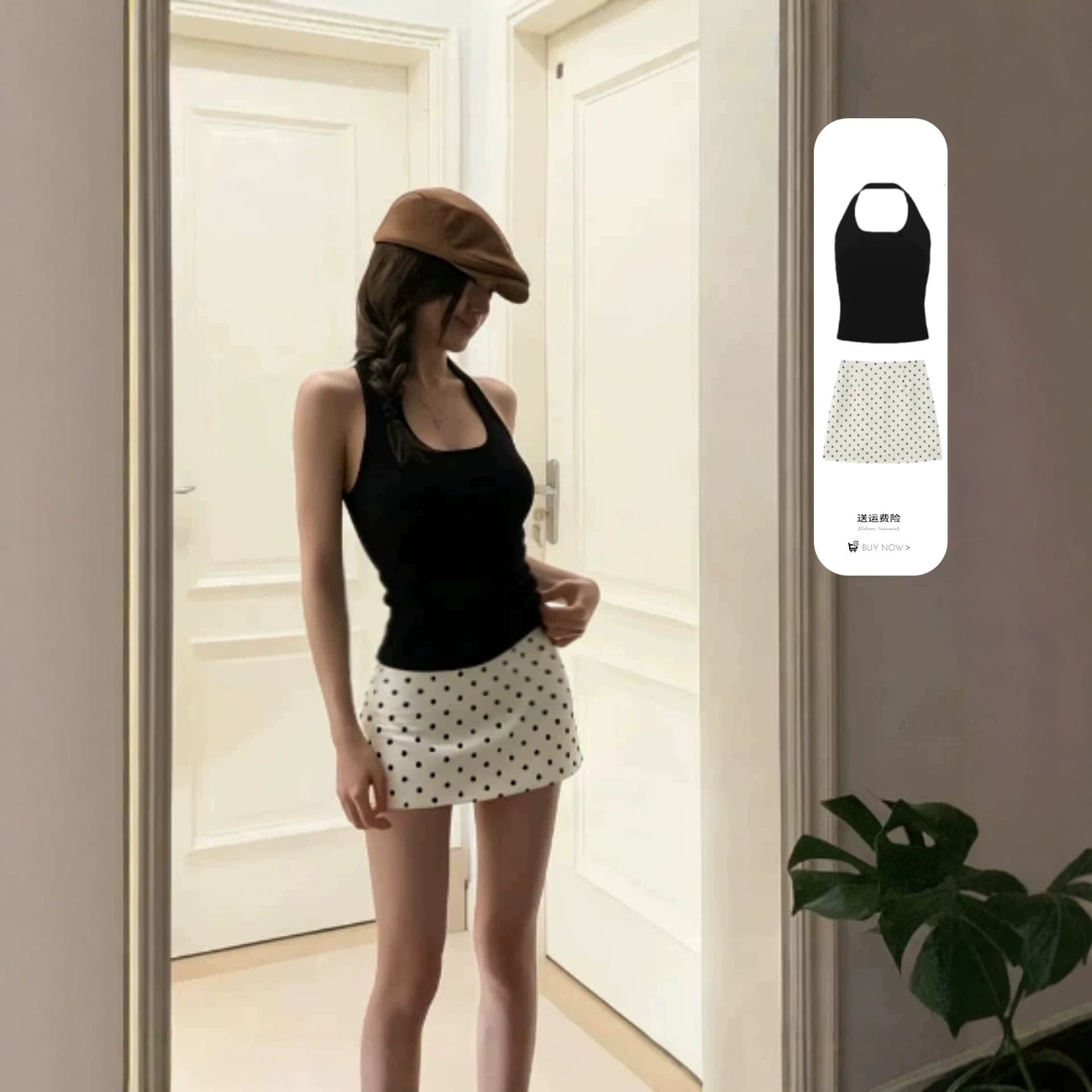 Black Halterneck Camisole Polka Dot Skirt Set for Women, 2026 New Summer Skirt and Vest Set, Beach Chic Outfit