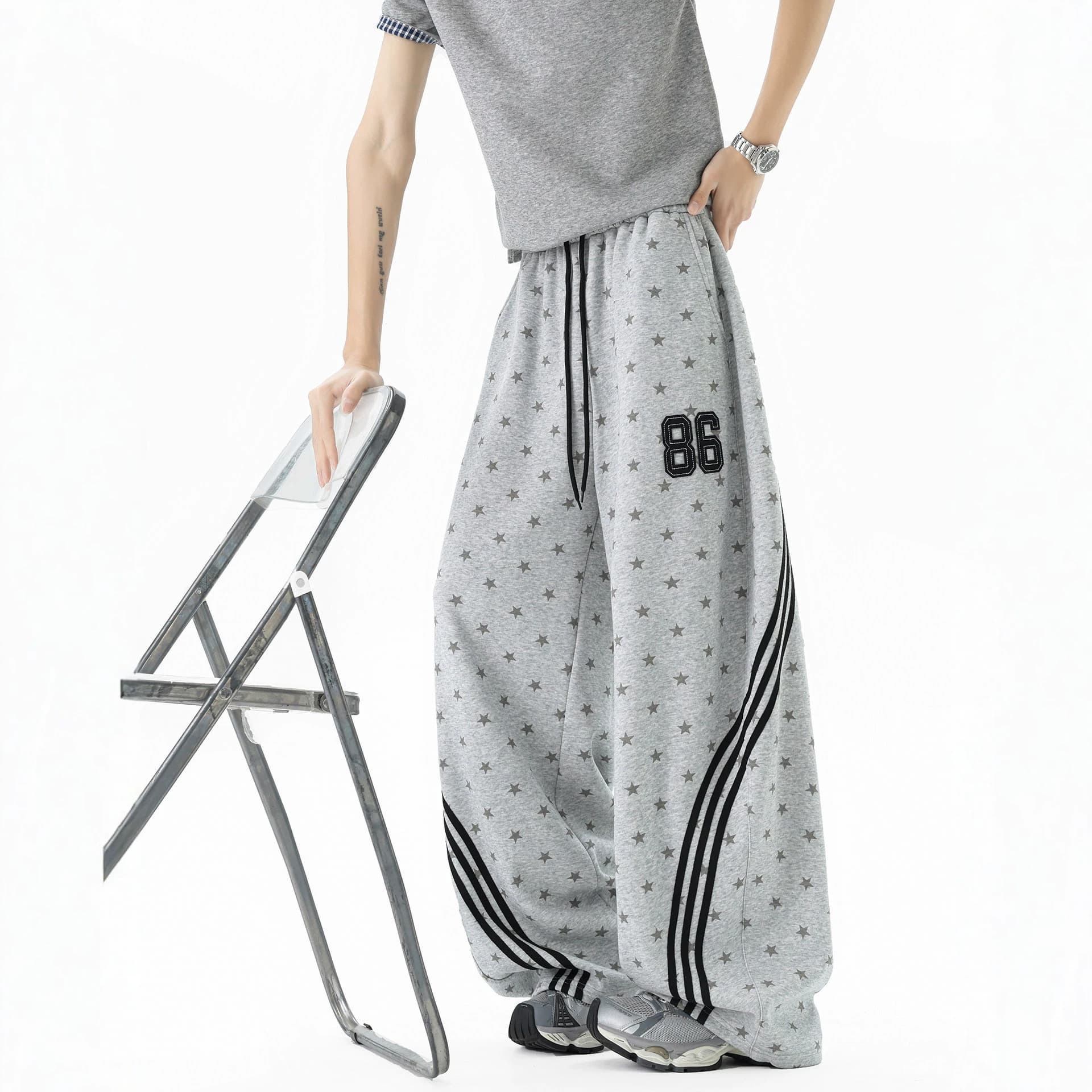 American Star Print Three-Stripe Track Pants for Men and Women, Summer Hip Hop Streetwear Loose Wide-Leg Casual Pants