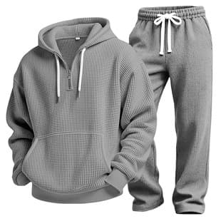 Cross-border European and American Premium Waffle Texture Solid Color Long Sleeve and Long Pants Two-Piece Set, Simple and Versatile Casual Sportswear for Men