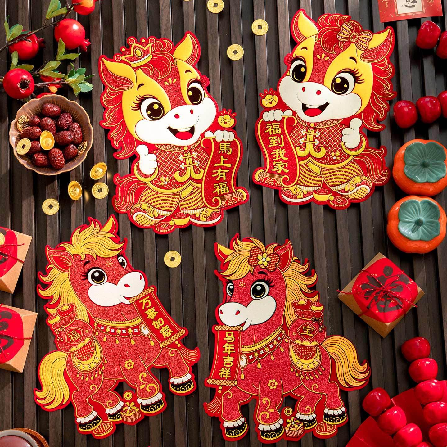 Year of the Horse Door Sticker Flocked Pair Stickers 2026 Spring Festival New Year Zodiac Door Blessing Character Decoration Set