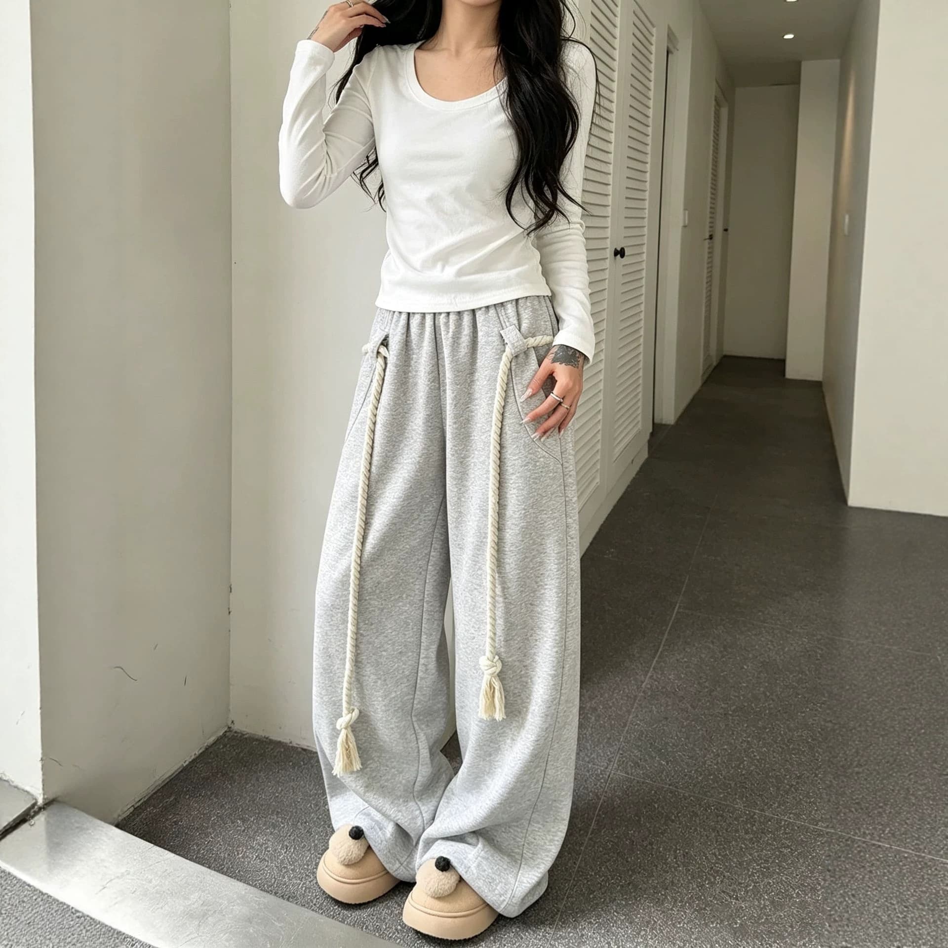 Export Hot-Selling Women's Spring/Autumn Athletic Wide-Leg Casual Pants, Streetwear Brand Versatile Loose Trendy High-Street Drawstring Long Pants Wholesale