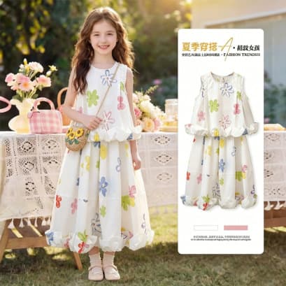 2026 Super Hot Girls' Skirts Summer New Style Big Children's Girls Floral Bud Skirts Children's Super Beautiful Korean Suits