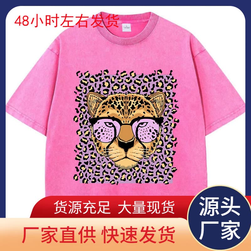 Vintage Women's Acid Wash T-Shirts Leopard Cartoons Printing