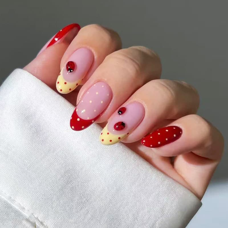 Cute Ladybug Almond Press-On Nails Strawberry Red Yellow Polka Dot Nails Sweet Girl Style French Contrast Color Removable Press-On Nails