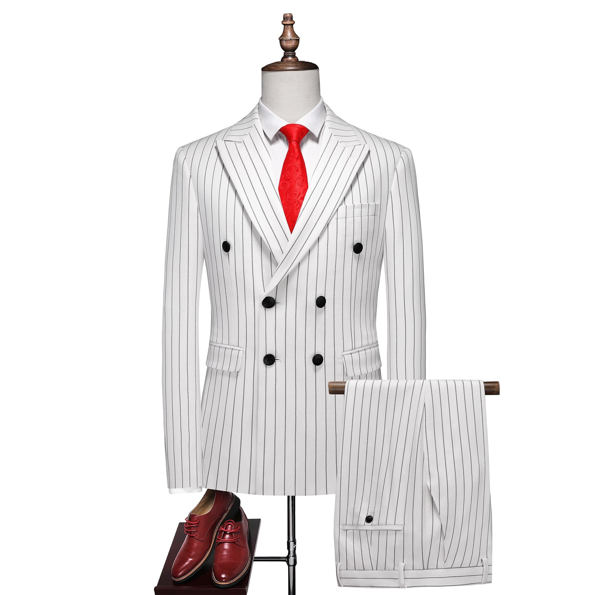 Men's Business Casual Formal Double-Breasted Striped Suit Set Groom Wedding Tuxedo Two-Piece