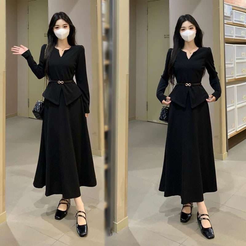 Plus Size Women's Premium Two-Piece Set: Black Long-Sleeve Top and Concealing Midi Skirt for Fall, Flattering Tummy and Hiding Belly
