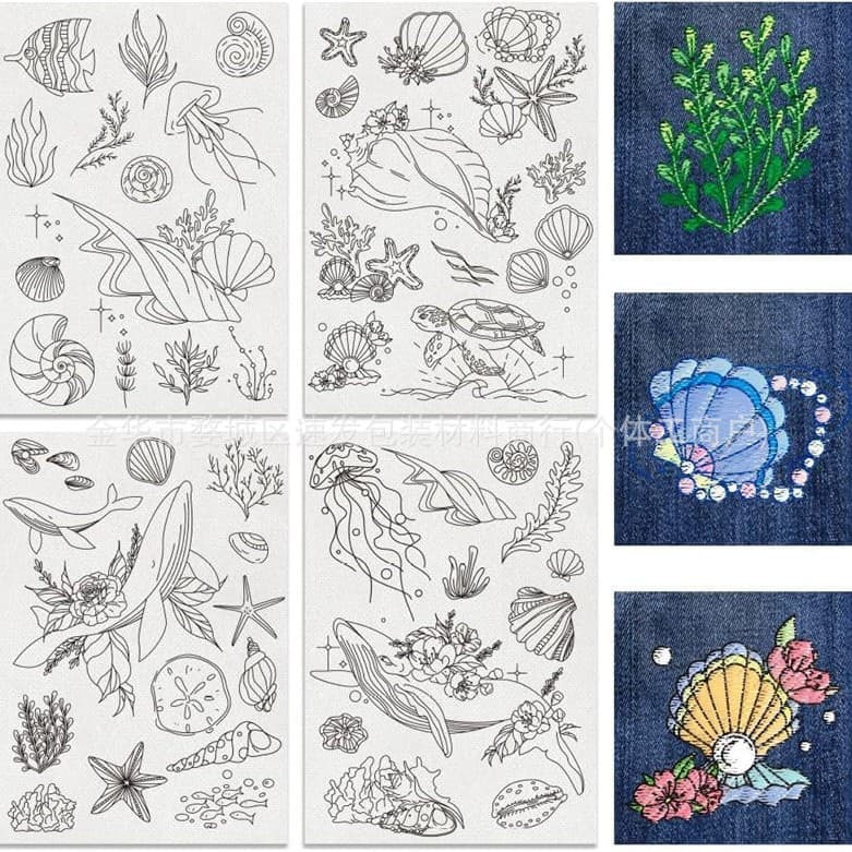 New A4 marine life pattern hand embroidery self-adhesive adhesive embroidery water-soluble clothing decorations