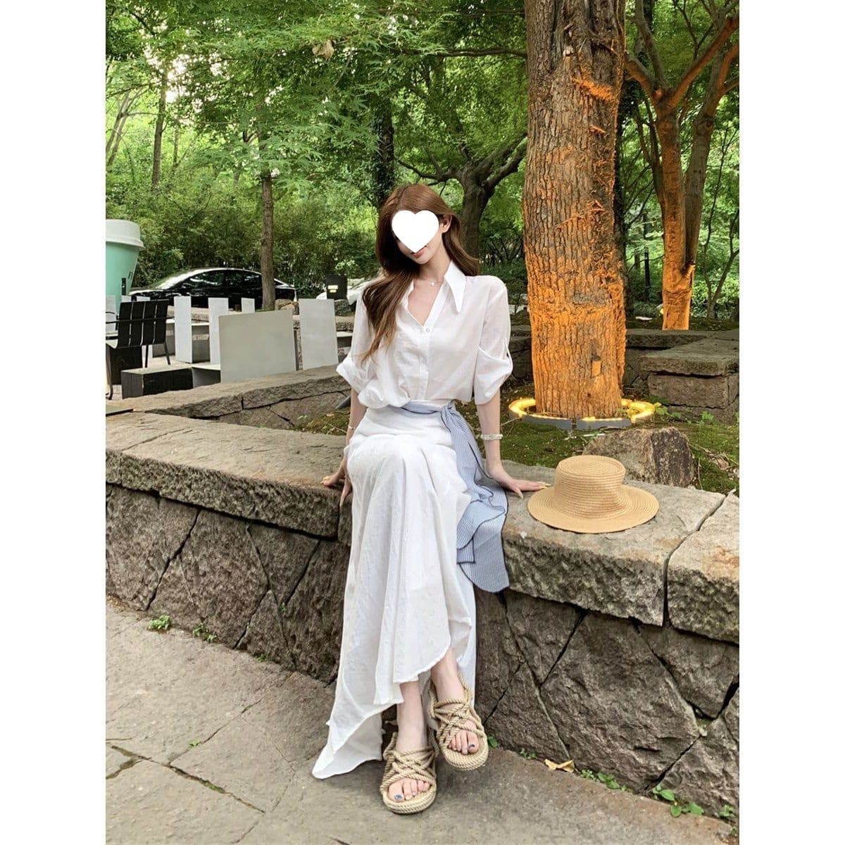 Temperament white collared short-sleeved shirt top women's summer fashion suit high-waist skirt long skirt two-piece set