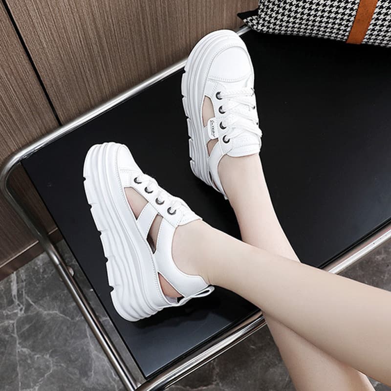 Trendy brand height increasing white shoes for women 2026 new summer hollow height increasing sneakers Baotou hole sports sandals